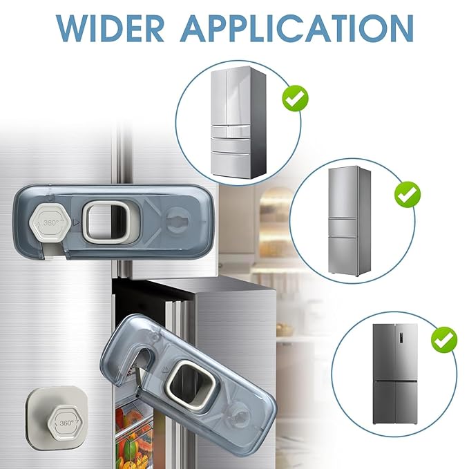 Fridge Locks with Self Adhesive, Refrigerator Latch for Kids, Toddlers and Children, Child & Baby Proofing Freezer Door Lock for, Cabinets and Drawers, Oven, Windows (Blue-2pack)
