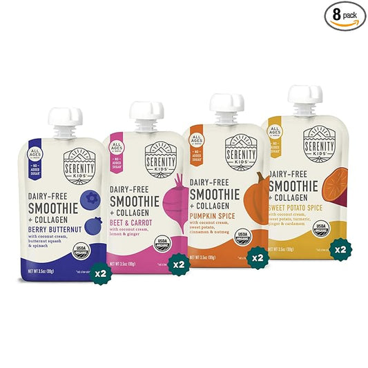 Serenity Kids 6+ Months Dairy Free Smoothie Baby Food Pouches - Protein Snack Pouches with Grass-Fed Collagen & Healthy Fats - USDA Organic Baby Food with No Added Sweeteners - 3.5 Fl Oz, Pack of 8