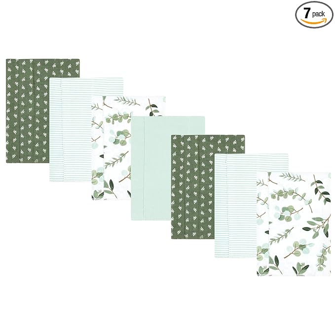 Hudson Baby Unisex Baby Cotton Flannel Burp Cloths, Eucalyptus 7-Pack, One Size