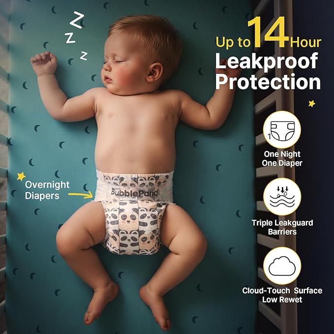BubblePanda Overnight Diapers, Baby Diapers Nighttime Protection with Dual Absorbent Core, Wider Absorbent Zone, Leak Proof & Soft Surface, Disposable(Size 7, Count 60)