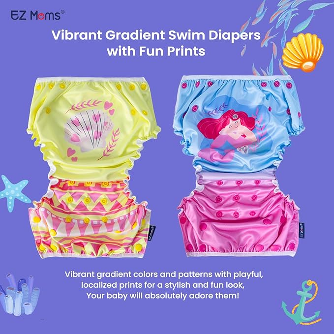 EZ Moms Baby Swim Diapers Reusable 2Pcs Snap One Size Adjustable Washable Newborn Infant Swim Diaper with a Shammy Towel for Baby Girl Water Diaper Waterproof Swimming Diapers for Swimming Lessons