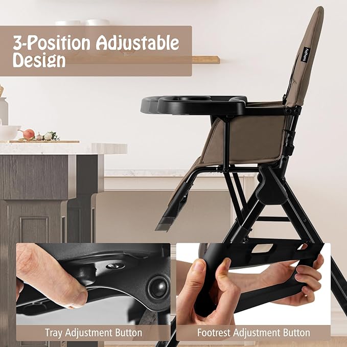 BABY JOY Foldable High Chair, Portable Highchairs for Babies and Toddlers with 3-Position Adjustable Tray & Footrest, Removable Seat Cushion, 5-Point Safety Harness, Space Saving Design (Coffee)