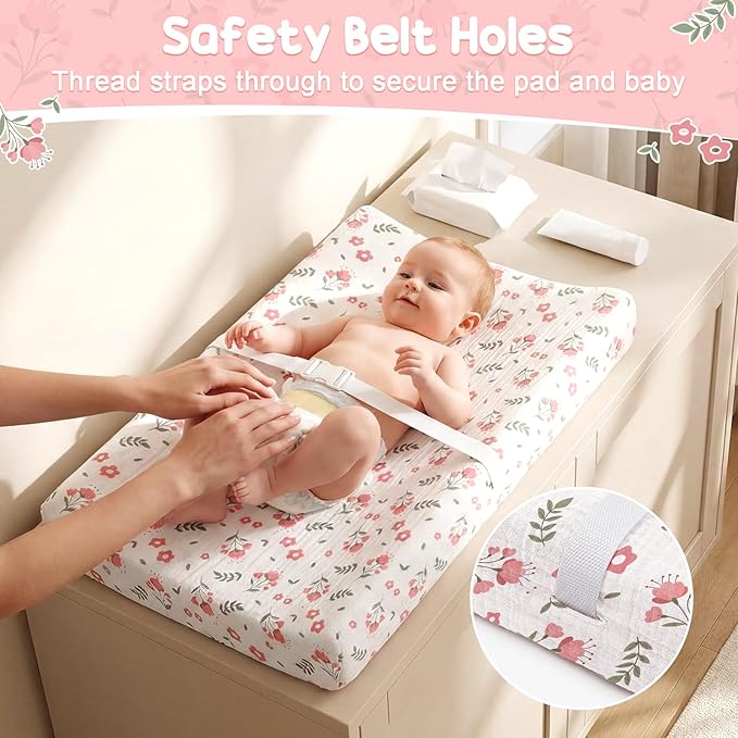 2 Pack Waterproof Muslin Changing Pad Cover with Safety Strap Hole, TPU Leakproof Protection Soft Muslin Baby Changing Table Covers for Boys & Girls, Fits 32" x 16" Changing Pad,Pink Blossom