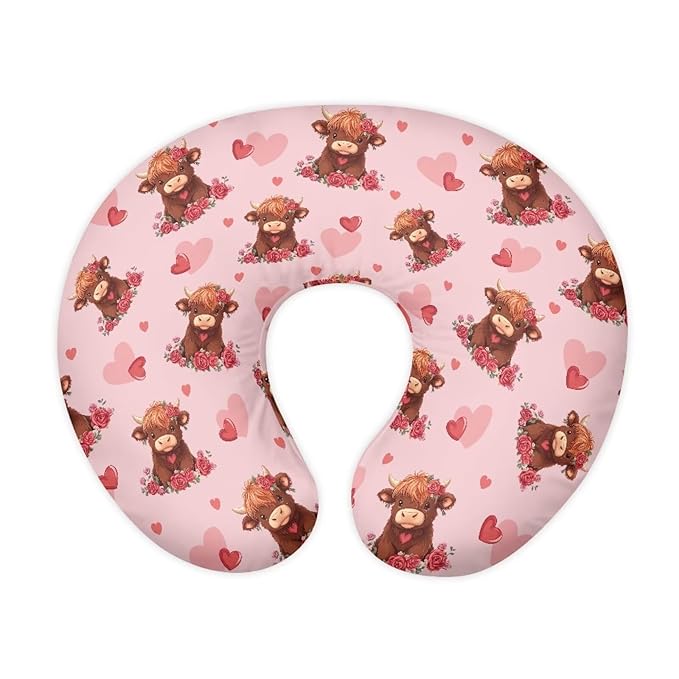 Highland Cow Nursing Pillow Cover for Baby Girls Boys Nursing Pillowcase Stretchy Breastfeeding Pillow Slipcovers for Newborn Girl Boy Love Heart Nursing Pillowcovers Pink