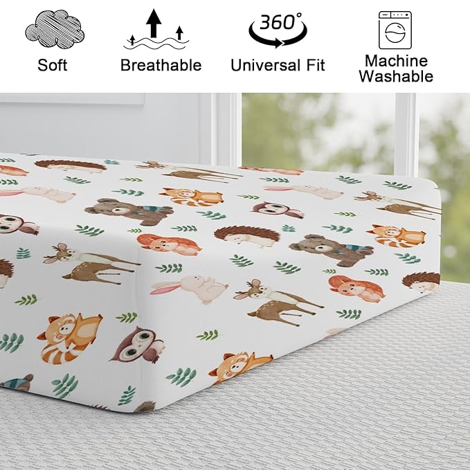 Cartoon Animals Leaves Changing Pad Cover Cute Bear Raccoon Squirrel Deer Rabbit Hedgehog Owl Change Table Cover for Boys Girls Soft Stretch Fitted Diaper Changing Mat Sheets 32''x16''