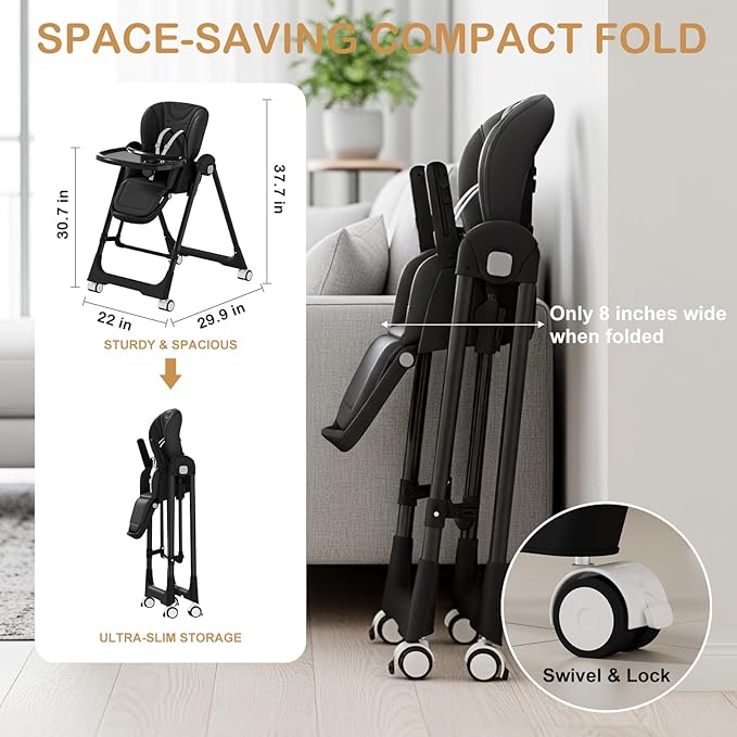 3-in-1 High Chairs for Babies and Toddlers, Foldable Baby High Chair with Rocking Mode, 5 Height Levels, Adjustable Backrest & Footrest, Lockable Wheels (Black)