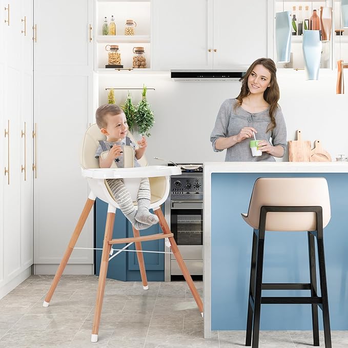 HONEY JOY Baby High Chair, Eat & Grow Beech Wooden Highchair for Babies and Toddlers, Removable Double-Layer Food Tray, 5-Point Harness, PU Cushion and Footrest for Infants Boys Girls (Beige)