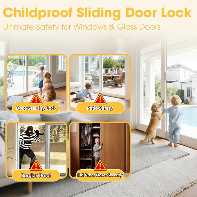 Sliding Door Lock Child Security: 2-Pack for Glass/Patio Doors, Windows & Closets, 3-Second No-Tools Installation, Durable Childproof Safety Lock for Lasting Protection - Baby to Kid Safety Age 0-4