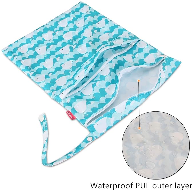 Damero 3Pcs Wet Dry Bag with 2 Zippered Pockets and Snap Handle for Cloth Diaper, Swimsuit, Clothes, Ideal for Travel, Exercise, Daycare, Roomy and Water-resistant (Cute Whale)