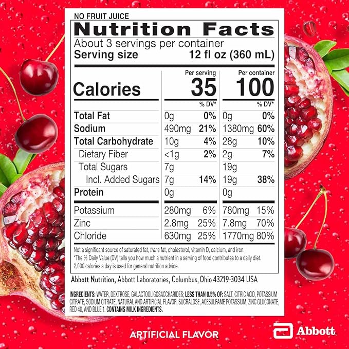 Pedialyte AdvancedCare Plus Electrolyte Hydration Drink, Has 33% More Electrolytes and Has PreActiv Prebiotics, Chilled Cherry Pomegranate, 1 Liter, Pack of 4