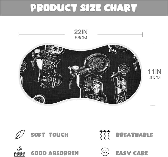 Black White Motorcycles Burp Cloths Baby Boys Girls Absorbent Soft Cotton Burping Cloths Rags, 2 Pack