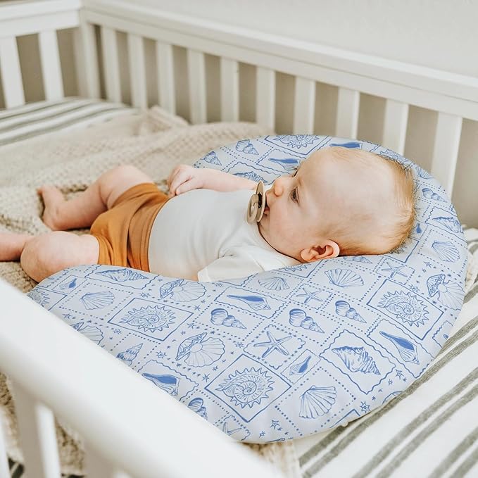 Blue Seashells Baby Nursing Pillow Covers for Boy Girl Boho Beach Conch Nursery Feeding Pillowcase for Breastfeeding Pillows Pastel Summer Coastal Soft Stretchy Removable Cover for Newborn Infant