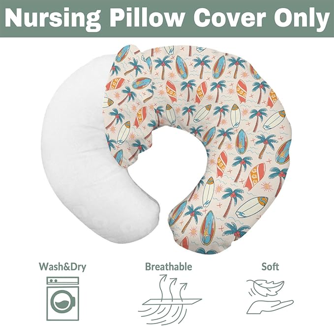 Retro Boho Surfing Baby Nursing Pillow Covers for Boy Girl Summer Surfboards Coconut Palm Trees Sun Nursery Pillowcase for Breastfeeding Pillows Beach Life Soft Stretchy Slipcovers for Newborn Infant