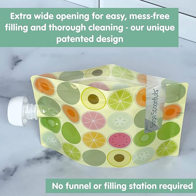 Sage Spoonfuls Reusable Baby Food Pouches - 6 Pack, Baby Food Storage, Pouches Toddler, Refillable Squeeze Pouch for Kids (Fruit Dot), Dishwasher and Freezer Safe, BPA Free