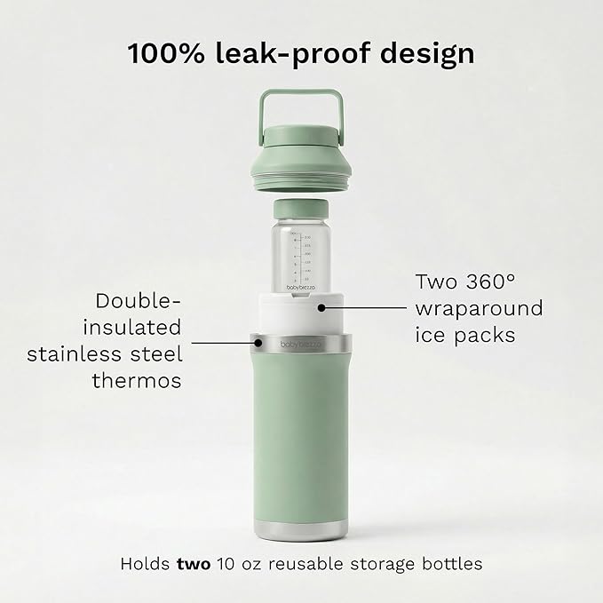 Baby Brezza All Day Portable Breastmilk Cooler, Large 20z Capacity, Insulated Travel Bottle Includes 2 Ice Packs + 2 Bottles, Sage Green