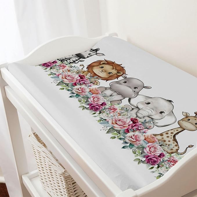 Baby Safari Animals Changing Pad Cover Cute Lion Elephant Giraffe Zebra Hippo Retro Floral Change Table Pad Cover for Boys Girls Soft Stretch Fitted Diaper Changing Mat Sheets 32''x16''