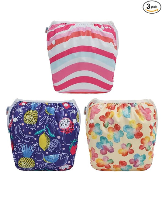 ALVABABY Large Cloth Swim Diaper 3pcs Baby/Toddler/Infant Snap Reusable Adjustable Swimming Diaper Baby Boy and Girl 3ZSWY64A