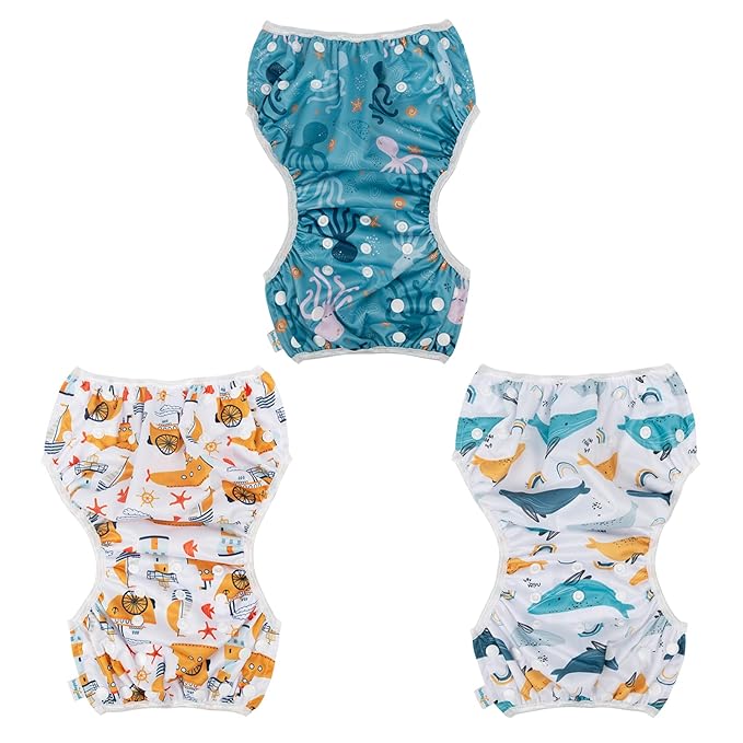 Babygoal Baby Swim Diapers 3 Pack for 0-8 Months Infant Girls and Boys, Reusable Adjustable Washable for Swimming Lessons-Shark & Octopus