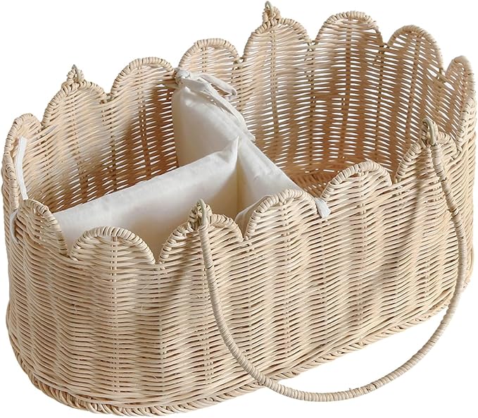 Premium Wicker Baby Diaper Caddy Organizer,Woven Scalloped Rattan Basket with Handle,Wicker Baby Carriage for Nursery (Scalloped Rattan Baby Diaper Caddy Organizer)