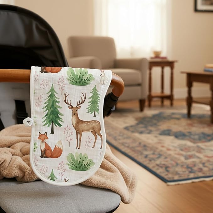 5pcs Woodland Baby Burp Cloths for Boys Girls Parent,100% Cotton Forest Animal Themed Muslin Burping Cloths,Burp Rags,Absorbent Spit-Up Cloths for Infant Newborns