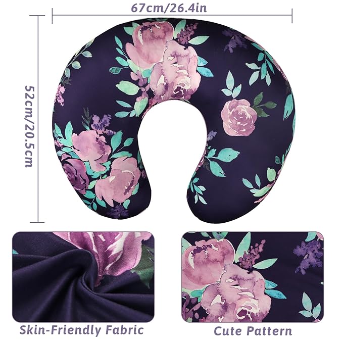 TANOFAR Nursing Pillow Cover 1 Pack, Stretchy Removable Nursing Cover for Breastfeeding Pillows, Ultra Soft Snug Fits On Newborn Feeding Pillow Case for Baby Girls/Boys, Purple Flower