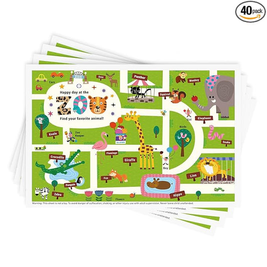 Babebay Disposable Stick-on Placemats 40 Pack for Baby & Kids & Toddler, Sticky Placemats Restaurant Table Mats 12" x 18" (Happy Zoo)