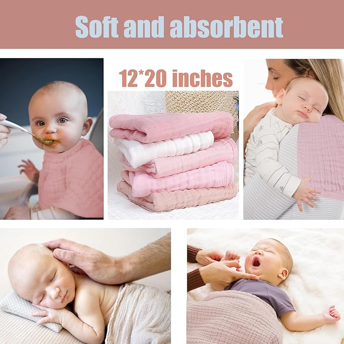 Muslin Burp Cloths 5 Pack Large 20x12 inches Baby Burping Cloths, 6-Layer 100% Cotton for Newborn Boys Girls, Ultra Soft & Absorbent (White & Pink)