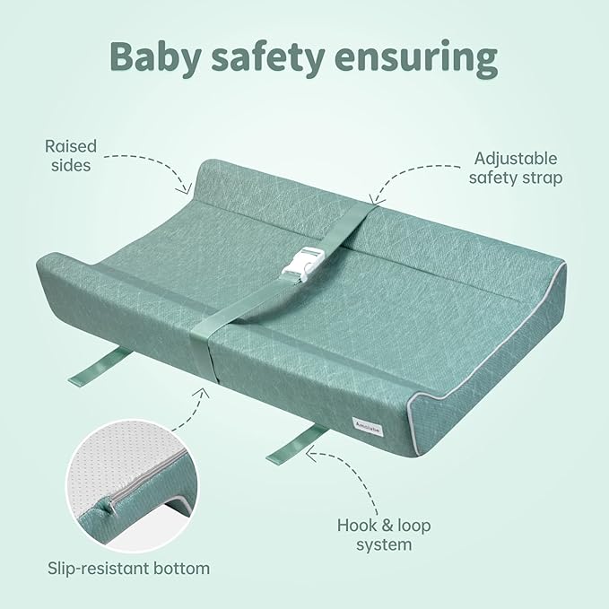 Baby Soft Changing Pad with Washable Cover, Baby Diaper Changing Pads for Dresser Top with Safety Strap,Non-Slip Bottom, Topper for Standard Size Infant Diaper Table & Dresser(Green)