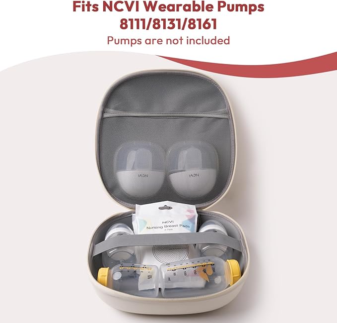 NCVI Breast Pump Carrying Case for Pump Parts and Bottles, Portable Wearable Pump Travel Bag Organizer for Working Moms, Durability Hard Shell, Interior with 3 Compartments through Mesh Bag, Beige