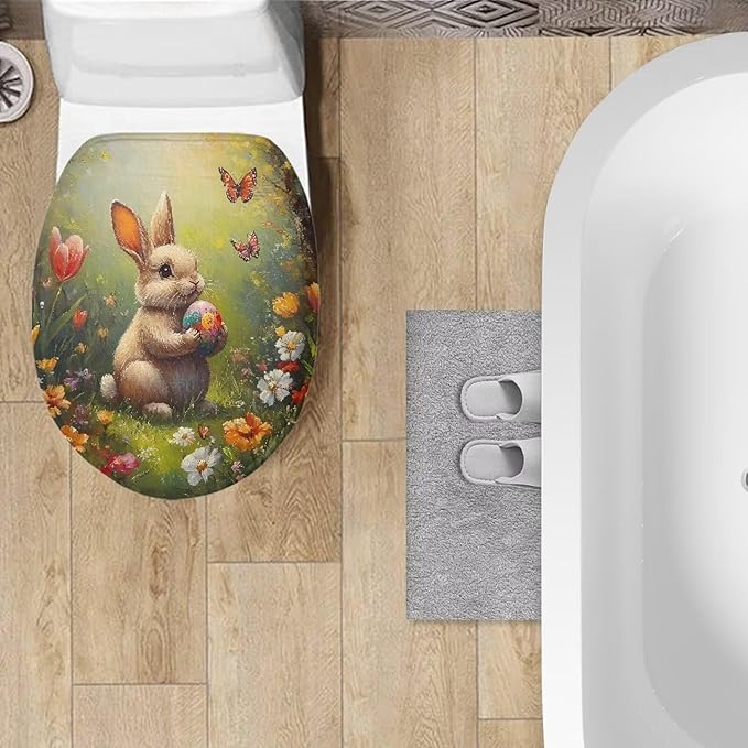 Easter Rabbit Toilet Cover Seat Pad Flannel Fabric Toilet Protector Cover Dustproof Elastic Edges Toilet Seat Cover Universal for Most Toilet Bowl Lids