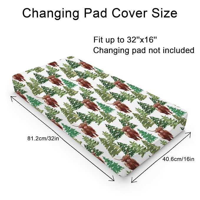 Highland Cows Forest Changing Pad Cover Cute Yak Winter Pine Trees Diaper Changing Table Cover Sheets for Boys Girls Soft Breathable Stretchy Fitted Changing Table Mats 32''x16''