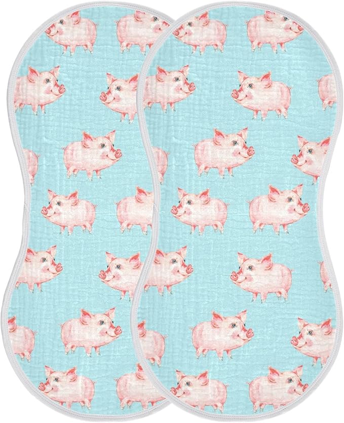Muslin Burp Cloths for Baby Boys and Girls - 2-Pack Ultra Absorbent Cute Pig Muslin Washcloths, Newborn Towel, Milk Spit Up Rags, Burp Cloth Bib for Unisex, 22 x 11 Inch