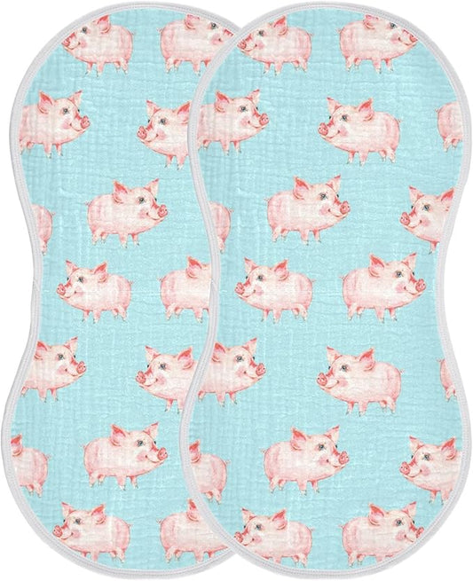 Muslin Burp Cloths for Baby Boys and Girls - 2-Pack Ultra Absorbent Cute Pig Muslin Washcloths, Newborn Towel, Milk Spit Up Rags, Burp Cloth Bib for Unisex, 22 x 11 Inch