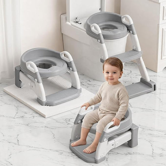 Upgraded Potty Training Seat with Step Stool Ladder – 6-in-1 Foldable Toddler Toilet Seat with Adjustable Height, Anti-Slip Steps & Detachable Bowl for Boys & Girls Ages 1-7 (Gray & White)