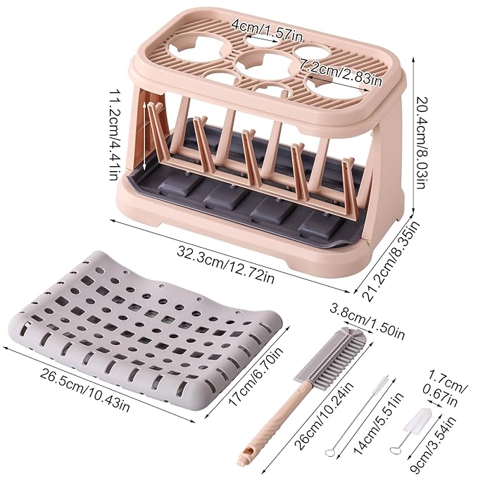 Baby Bottle Drying Rack with Brush & Dishwasher Basket - Space Saving Standing Drying Rack for Baby Bottles, Pump Parts & Accessories, Compact Organizer Holds Up to 8 Bottles (Pink Lotus Root)