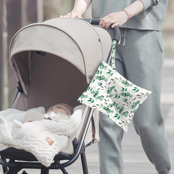 ZHAMEN 2Pcs Wet Bag, Wet Dry Bag Reusable with Zipper, Travel, Beach, Pool, Diapers, Dirty Yoga Gym Clothes, Makeup Bag, Waterproof Wetdry Packing, Green Eucalyptus Leaf Decore (12x10 Inch)