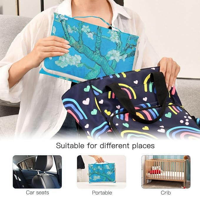 Portable Diaper Changing Pad Travel Baby Changing Mat Waterproof Diaper Changing Mat Foldable Lightweight Baby Changer with Built-in Pillow Van Gogh Almond Blossoms Blue