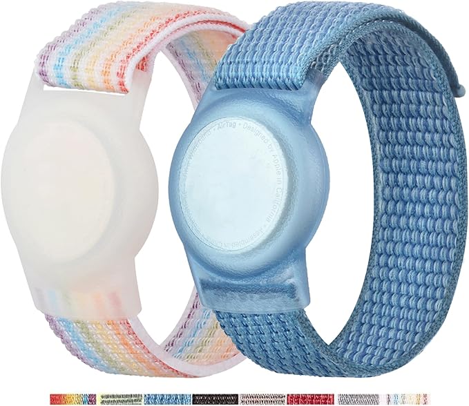 2 Pack Bracelet for Kids,Protective Cover with Nylon Wristband, Anti Lost GPS Trackers Case Cover Elastic Watch Band for Toddlers Girls Boys Elders (Light Rainbow,Blue)