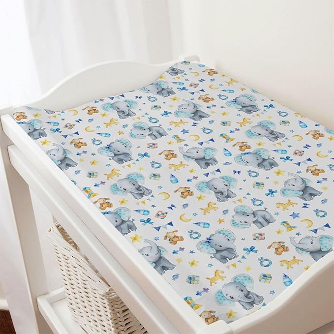 Cute Elephant Changing Pad Covers Cartoon Elephant Diaper Changing Pad Table Sheets Cover for Boy Girl Blue Elephant Soft Breathable Stretch Nursery Baby Changing Pad Mats Covers 32''x16''