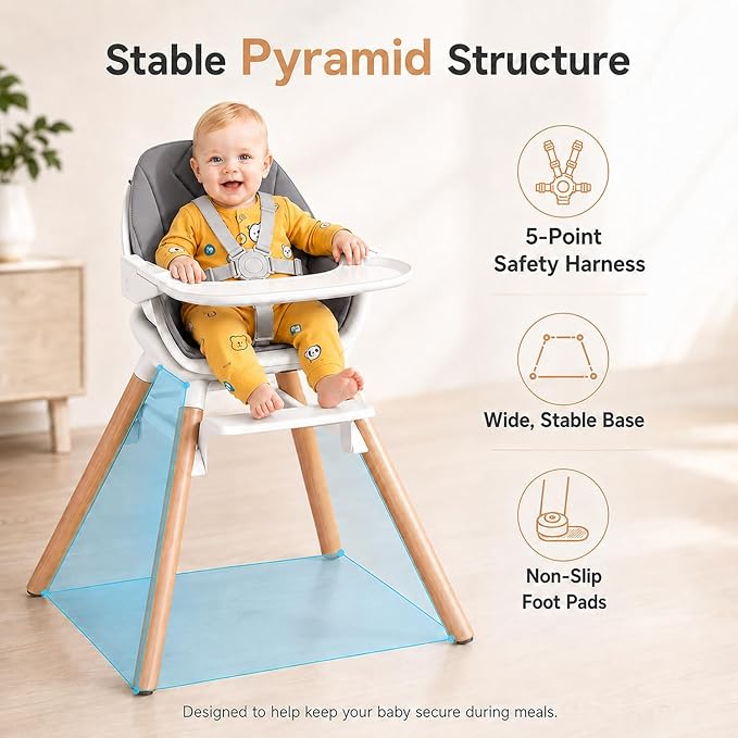 Baby High Chair, 6 in 1 Convertible High Chairs for Babies and Toddlers, Easy Clean Highchair with Removable Double Tray, 5-Point Harness, Reversible Footrest, Beech Wood Legs, Grey