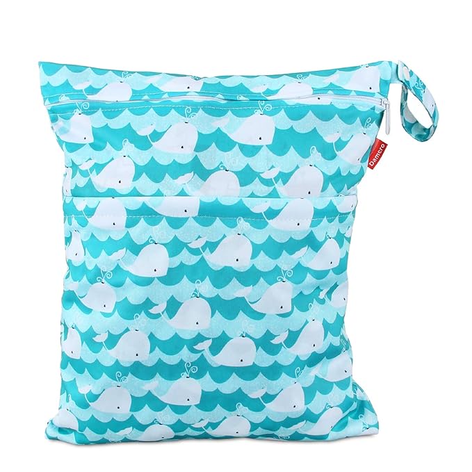Damero Cloth Diaper Wet Dry Bag with Handle for Swimsuit, Pumping Parts, Wet Clothes and More, Ideal for Travel, Exercise, Daycare, Swimming, Reusable and Water-Resistant (Large,Cute Whale)