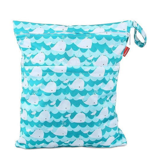 Damero Cloth Diaper Wet Dry Bag with Handle for Swimsuit, Pumping Parts, Wet Clothes and More, Ideal for Travel, Exercise, Daycare, Swimming, Reusable and Water-Resistant (Large,Cute Whale)