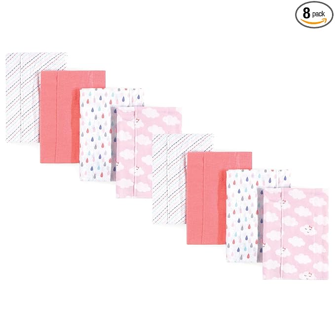Luvable Friends Cotton Poly Flannel Burp Cloths Multipack, Girl Clouds 8-Pack, One Size