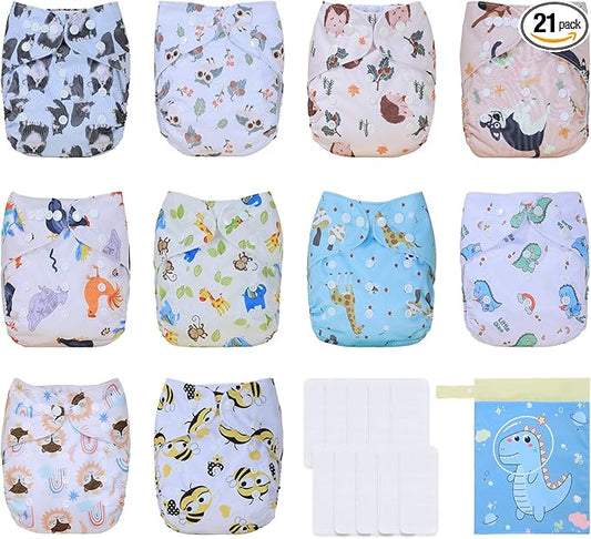 TDIAPERS Cloth Diaper Covers Reusable Washable Pocket Diapers One Size Adjustable for Baby 10 Pack with 10 Pcs Microfiber Inserts, 1 Wet Bag