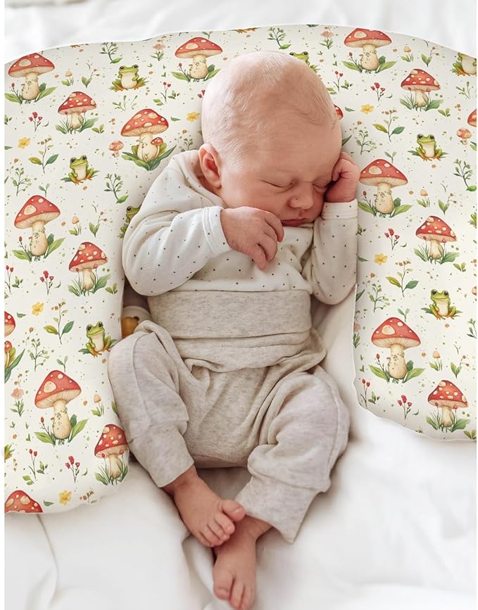 Green Frogs Mushroom Forest Baby Nursing Pillow Covers for Boy Girl Fairytale Frogs Nursing Slipcovers for Breastfeeding Pillows Animal Soft Stretchy Removable Cover for Newborn Infant