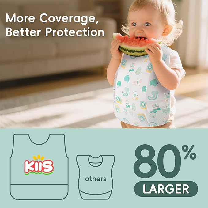 KIIS Disposable Baby Bibs, Waterproof Smock Bibs, Full Coverage for Toddlers & Kids, Mess-Free Feeding for Travel & Daycare