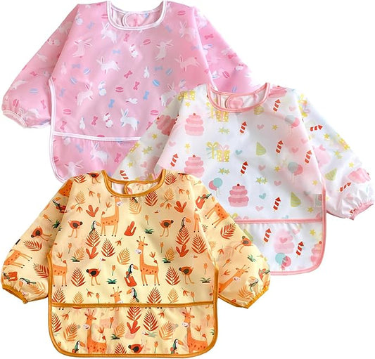 PandaEar (3 Pack Long Sleeve Bibs| Waterproof Full Sleeve Bib for Baby Infant Toddler 6-36 Months