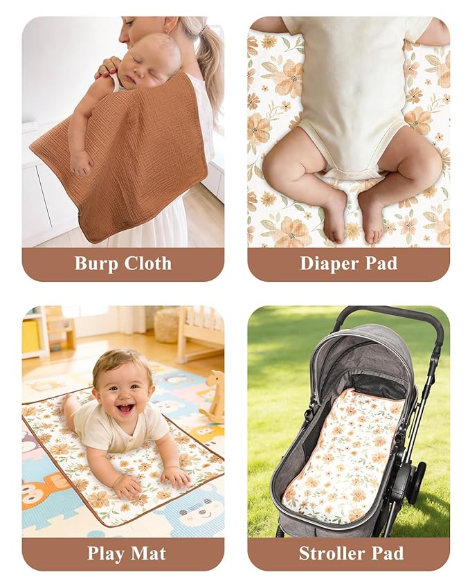 Waterproof Portable Changing Pad 2 Pack, Muslin Cotton Baby Changing Mat Comfortable & Breathable, Foldable Diaper Changing Pad for Travel, Machine Washable, Flower & Brown