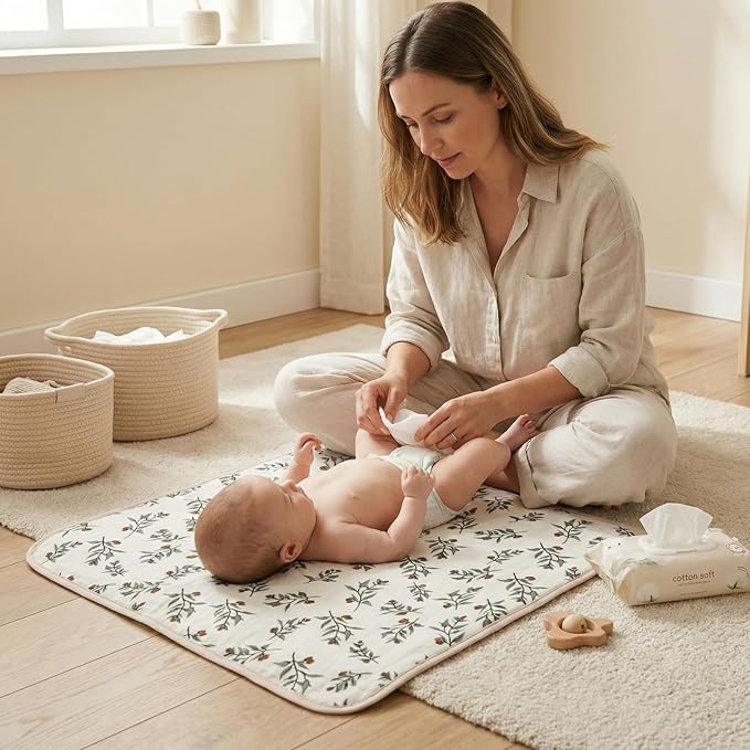 Baby Diaper Changing Pad, 19.7"x25.6" Waterproof Changing Pad Liners with 100% Muslin Cotton Front Top and Leather Back, Soft and Absorbent Portable Changing Mat for Travel, Changing Station