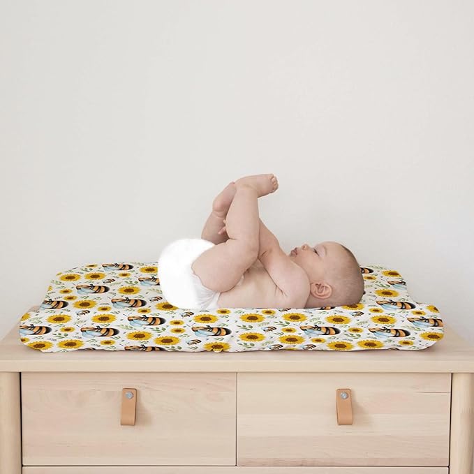 Cute Bees Sunflowers Leaves Changing Pad Cover Bees Boho Floral Diaper Change Table Pad Covers for Girls or Boys Soft Breathable Stretchy Snug Fitted Changing Sheets Mats Cover 32''x16''